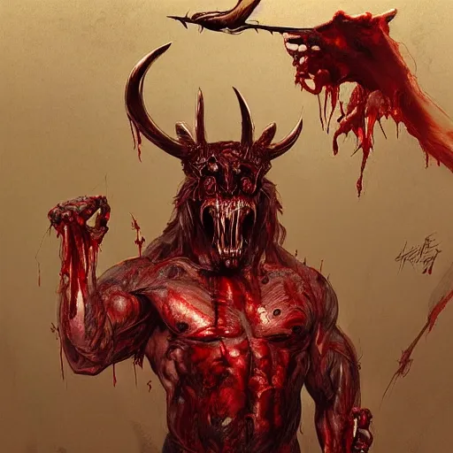 Image similar to Dark Fantasy Painting of a muscular red beast with blood dripping from its mouth, creepy, unsettling, horror, upper body, intricate, wild, highly detailed, digital painting, artstation, concept art, smooth, sharp focus, illustration, art by artgerm and greg rutkowski and alphonse mucha