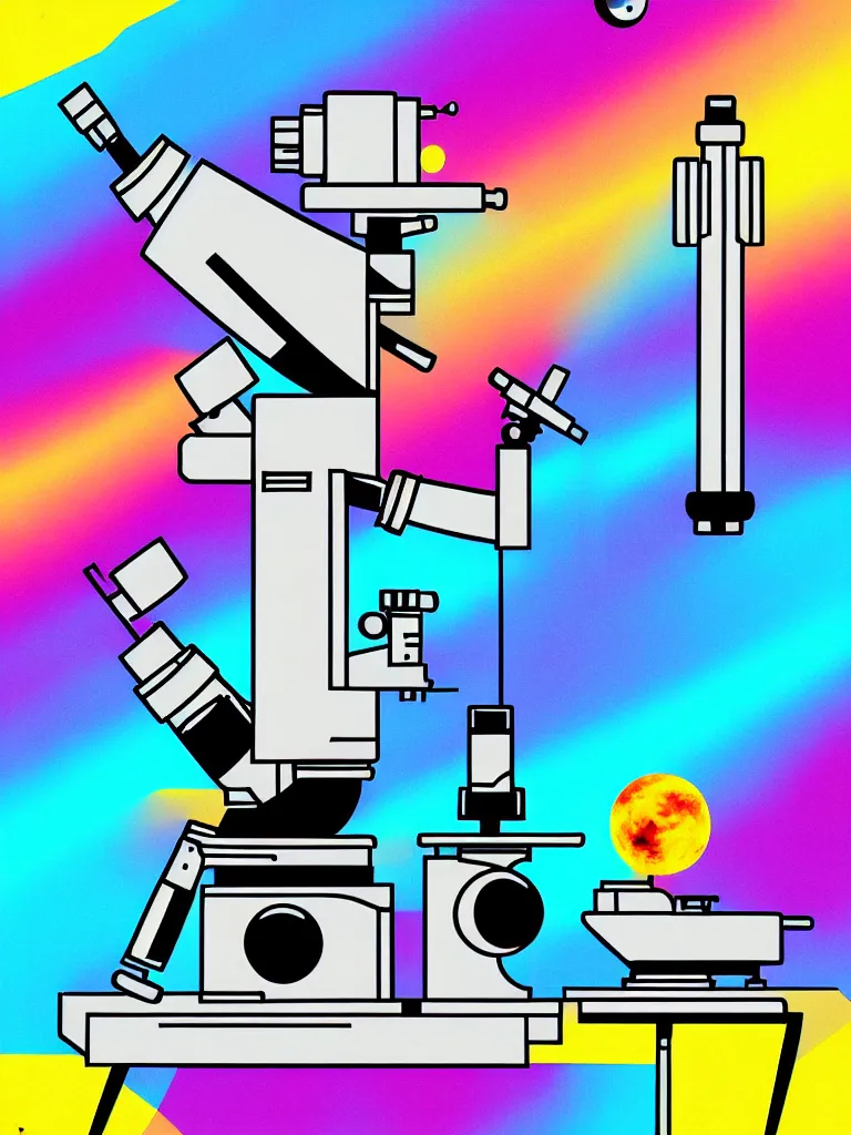 Image similar to ( ( strong dither ) ), editorial illustration scientific lab test tube telescope microscope astronaut, colorful modern, mads berg