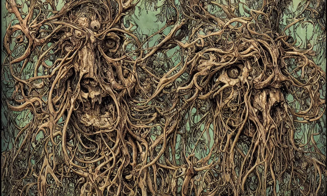 Image similar to hyperdetailed art nouveau portrait of treebeard as a cthulhu eyeball moose skull wendigo cryptid monster, by geof darrow, simon bisley and bill sienkiewicz, grim yet sparkling atmosphere, photorealism, claws, skeleton, antlers, fangs, forest, wild, bizarre, horror, lynn varley, lovern kindzierski, steve oliff