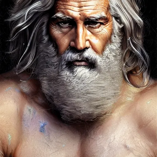 Image similar to painted portrait of rugged zeus, greek god, 4 0 years old, handsome, white hair, soft hair, upper body, muscular, hairy torso, fantasy, intricate, elegant, highly detailed, digital painting, artstation, concept art, smooth, sharp focus, illustration, art by norman rockwell