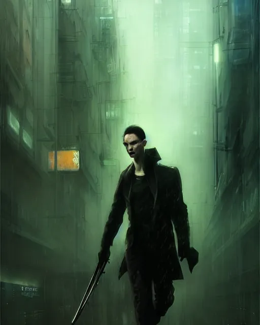 Image similar to battle hardened, overpowering, pragmatic, charismatic character from the matrix, face centered portrait, confident, ruined cityscape, sterile minimalistic room, architecture, fog, volumetric lighting, illustration, perfectly shaded, greenish tinge, cold lights soft painting, art by krenz cushart and wenjun lin