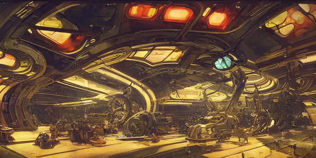 Image similar to wide shot, interior of an alien spaceship, futuristic, hyperrealism, heavy machinery, humanoids working, neon tubes crepuscular rays, ray tracing, by alphosne mucha adolf hiremy hirschl