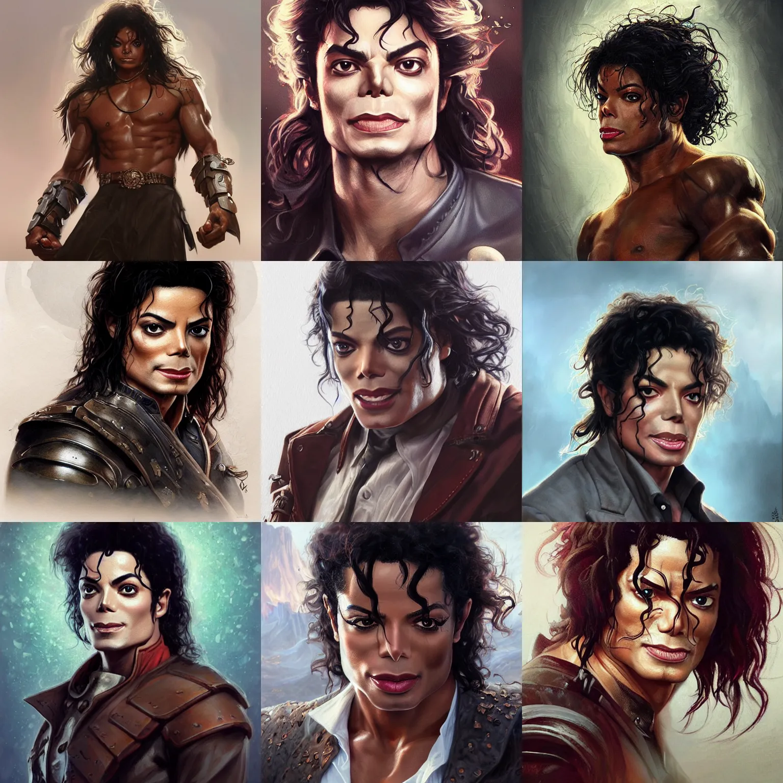 Prompt: scientist michael jackson! very close portrait of angry rugged barbarian, muscular, upper body, 👅 👅 , D&D, fantasy, intricate, elegant, highly detailed, digital painting, artstation, concept art, smooth, sharp focus, illustration, art by artgerm and greg rutkowski and alphonse mucha