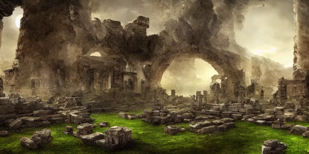 Image similar to ancient ruins inside the earth, fantasy apocalypse, dystopian, digital art, 4 k