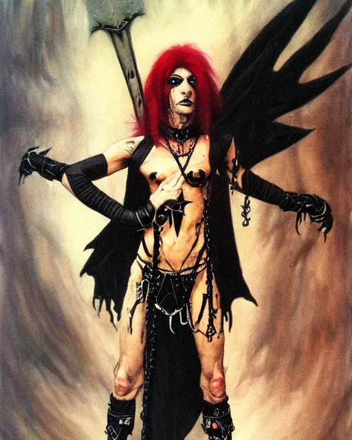 Image similar to portrait of a skinny punk goth sorcerer by simon bisley, john blance, frank frazetta, fantasy, barbarian