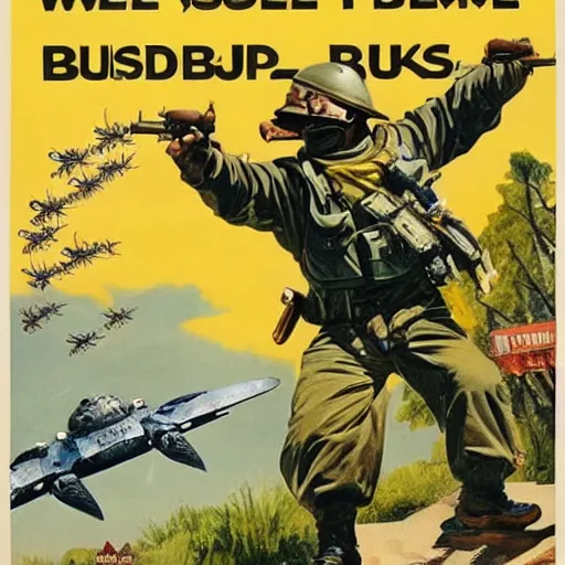 Prompt: + a security guard slumps sleeping at a computer + a swarm of bumblebees carries a weapon, highly detailed, ww 2 american propoganda poster, colorized