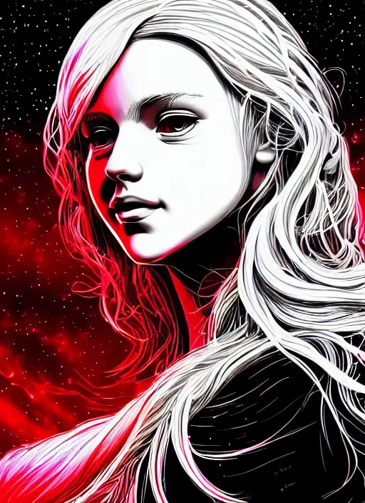 Prompt: highly detailed portrait of a hopeful pretty astronaut lady with a wavy blonde hair, by Dan Mumford, 4k resolution, nier:automata inspired, bravely default inspired, vibrant but dreary but upflifting red, black and white color scheme!!! ((Space nebula background))