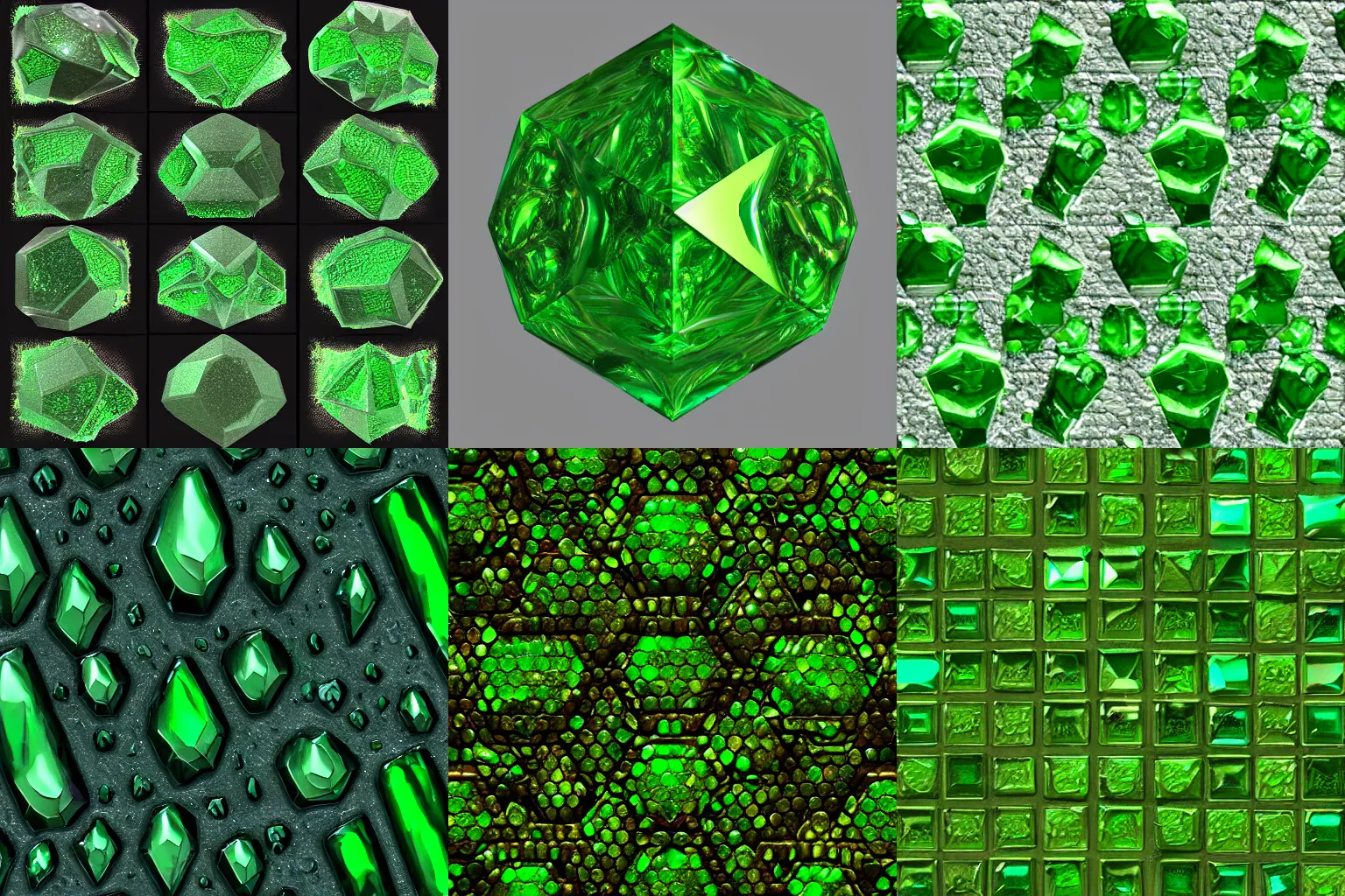 Prompt: green crystals, shiny, 2d texture, seamless texture, detailed, trending on artstation