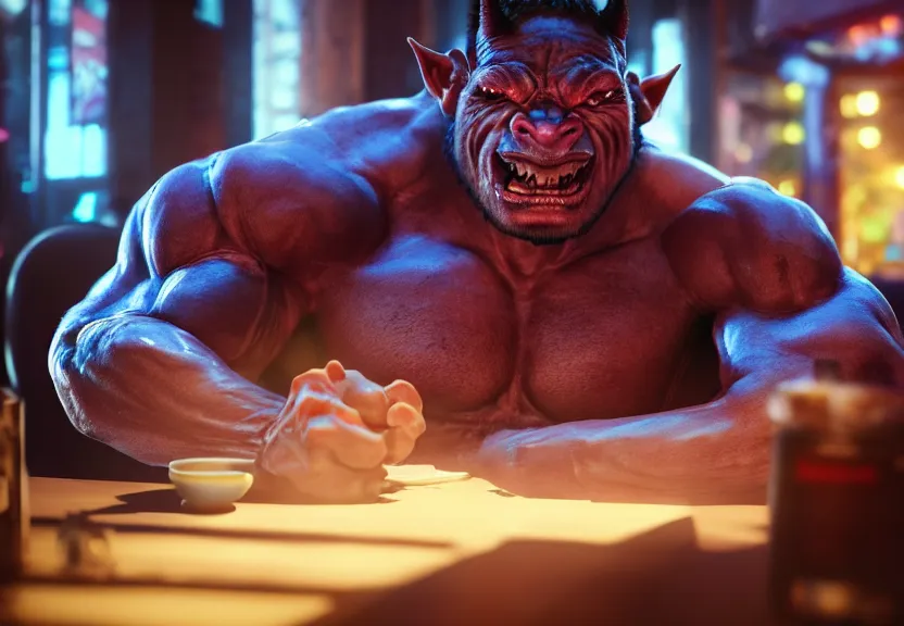 Prompt: a muscular male orc punk sitting at a table in a cafe in a cyberpunk city, close up shot, sharp focus, shallow depth of field, highly detailed face, 8k, unreal engine 5, cinematic lighting, vivid elegant fantasy concept art, character art, stern blue neon atmosphere, artstation, deep complimentary colors, volumetric lighting, photorealistic, hyperdetailed 3D matte painting, hyperrealism, hyperrealistic masterpiece