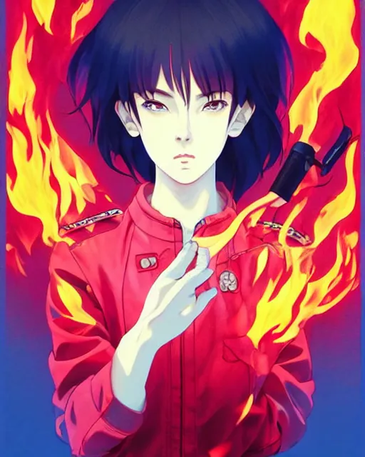 Prompt: fireman, covered in beautiful flames | | very very anime!!!, beautiful fine - face, audrey plaza, realistic shaded perfect face, fine details. anime. realistic shaded lighting poster by ilya kuvshinov katsuhiro otomo ghost - in - the - shell, magali villeneuve, artgerm