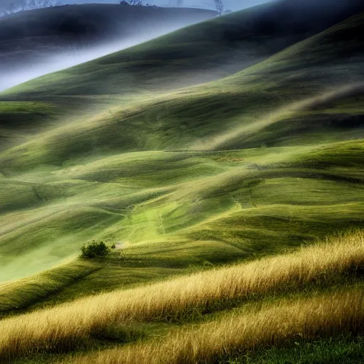 Image similar to open field of teeth, rolling hills, mist, valley, downhill