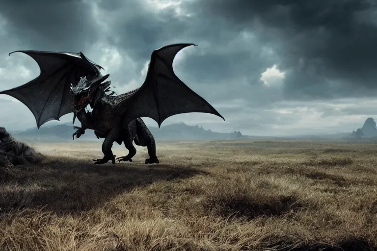 Prompt: a cinematic wide angle photograph of a dragon walking through a vast serene landscape, beautiful lighting, high depth, ultra realistic, artistic, by zack snyder and john harris