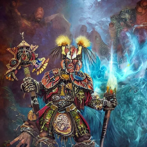 Prompt: a photo of a shaman gobelin in the style of Warhammer, fractal background