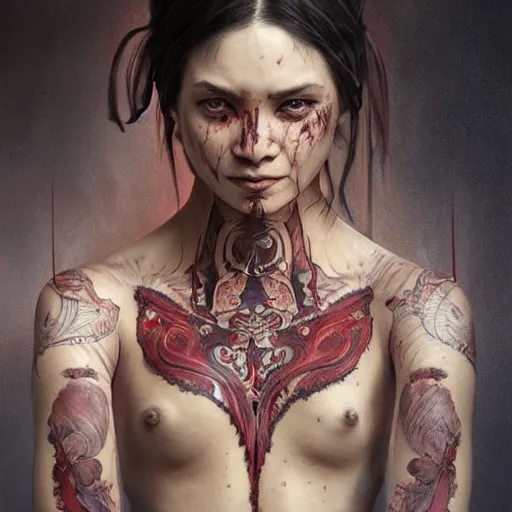 Prompt: portrait painting of a muscular bloodied dark nepali female butcher back, tattooed, scars, ultra realistic, concept art, intricate details, eerie, highly detailed, photorealistic, octane render, 8 k, unreal engine. art by artgerm and greg rutkowski and alphonse mucha