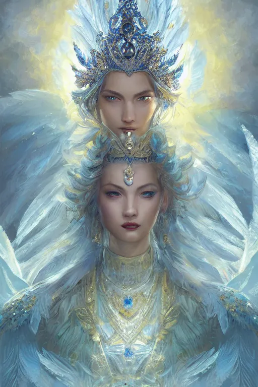 Image similar to beautiful princess wearing crystal white feathers, king sorcerers, ornate, blue and silver, armor, robes, diamonds, angel, fantasy, yellow background beam, dramatic lighting, highly detailed, digital painting, magic the gathering, 3 d render, hyper realistic detailed portrait, peter mohrbacher, wlop, ruan jia