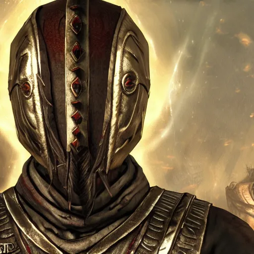 Image similar to unknown the elder scrolls vi redguard character portrait partially clothed in hooded metal - plated battle armor with atmospheric lighting painted intricate volume