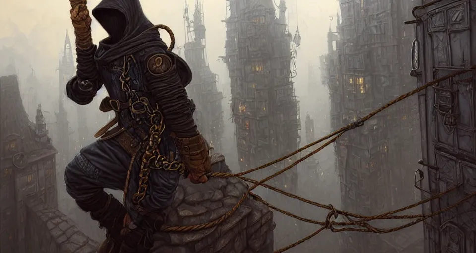 Image similar to landscape painting of a hooded thief in leathers using a rope to climb a tall metal steampunk buildings within a fantasy city with bridges, fine details, andreas rocha, magali villeneuve, artgerm, rutkowski