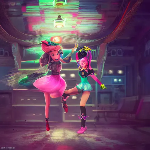 Image similar to a girl like jinx and Princess peach, dancing, background jet ground radio, fullshot, raytrayced, octane render, epic composition, intricate details, dark neon punk, by myanko