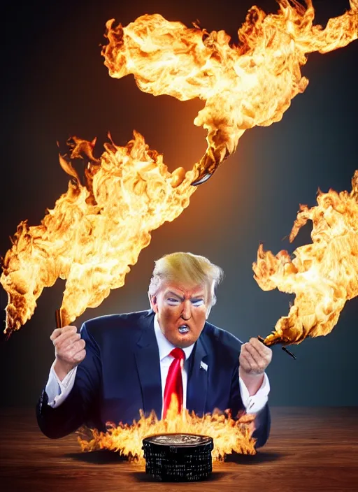 Prompt: a beautiful photo of donald trump burning his own money, intricate details, photography, volumetric light, 8 k