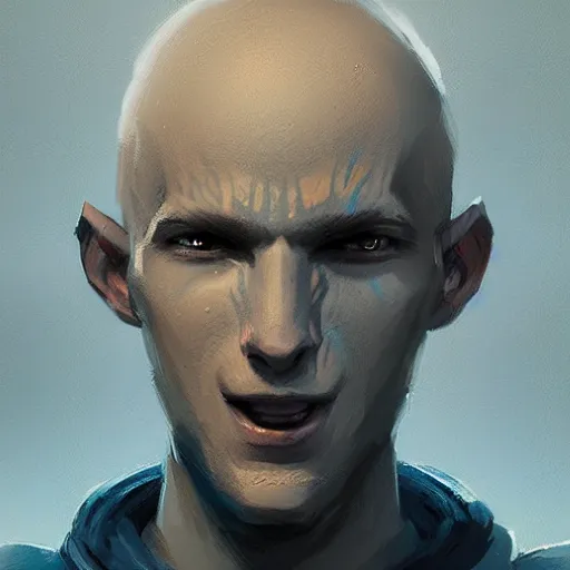 Prompt: a portrait of a wizard young bald with no beard with blue skin missing his nose, casting a powerful spell, painted by Greg Rutkowski, trending on ArtStation