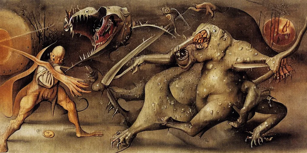 Image similar to a tarrasque fighting a powerful wizard as drawn by hieronymus bosch, oil painting, highly detailed