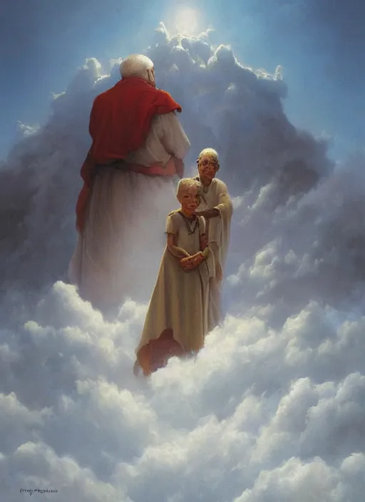 Image similar to portrait of an indigenous grandfather and grandmother in the clouds, smiling, protection, benevolence, ancestors, art by christophe vacher