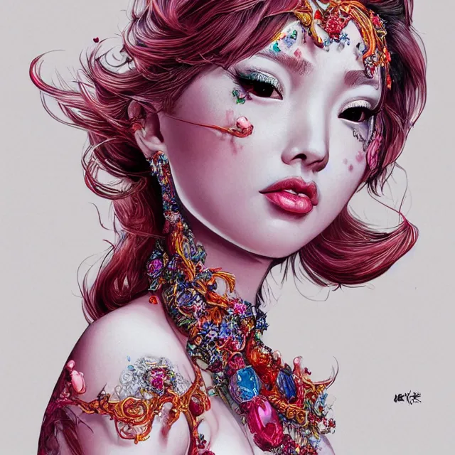 Image similar to an absurdly beautiful, elegant, young hypercolorful sensual gravure idol partially made up of rubies and red gems, ultrafine hyperrealistic detailed face illustration by kim jung gi, irakli nadar, intricate linework, sharp focus, bright colors, matte, octopath traveler, final fantasy, unreal engine highly rendered, global illumination, radiant light, intricate environment