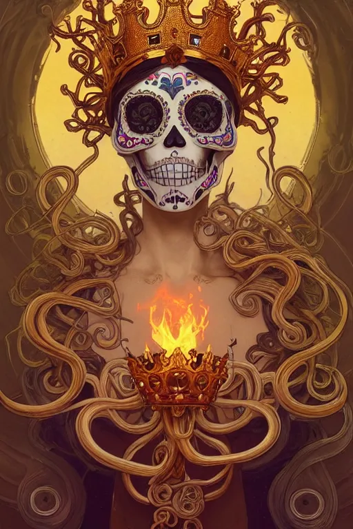 Image similar to sugar skull, a golden crown floating above his head, tentacles coming out the ground art by Artgerm and Greg Rutkowski and Alphonse Mucha and Craig Mullins and James Jean and Andrei Riabovitchev and Marc Simonetti and peter mohrbacher, sharp focus, ominous, cosmic horror, trending on artstation, Ultra detailed, hyper realistic 4k