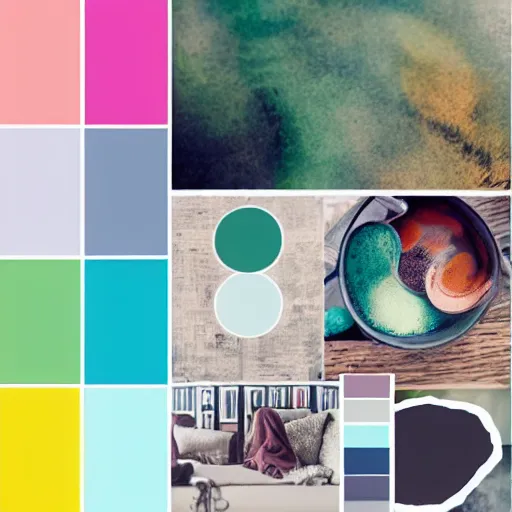 Prompt: inspiration board color palette, mood board, technology company branding