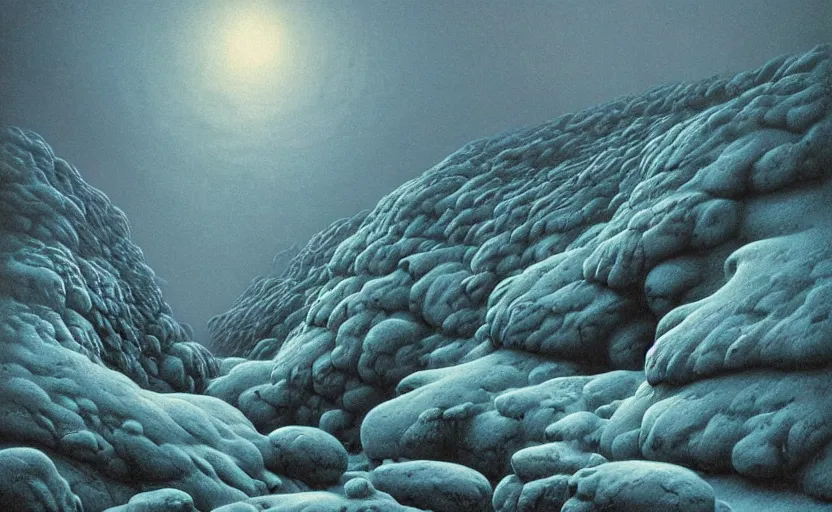 Prompt: phendrana drifts by zdzisław beksinski, icy landscape, snow, metroid