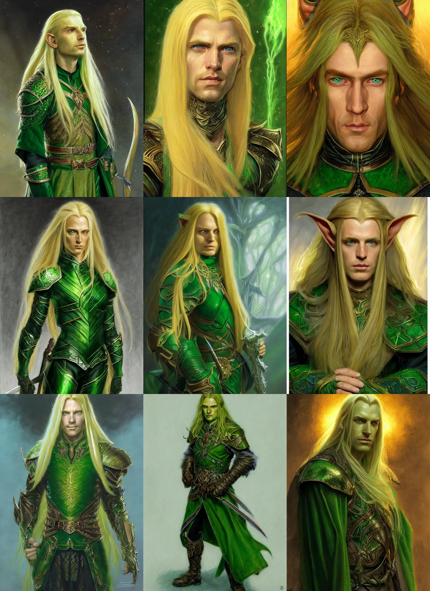 Prompt: a portrait of a noble high elf with long blonde hair, glowing green eyes, style by donato giancola, wayne reynolds, jeff easley dramatic light, high detail, cinematic lighting, artstation, dungeons and dragons