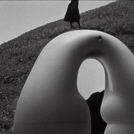 Image similar to sad woman with an inflatable nose, long snout, in the hillside, 1974 fellini, archival footage, technicolor film