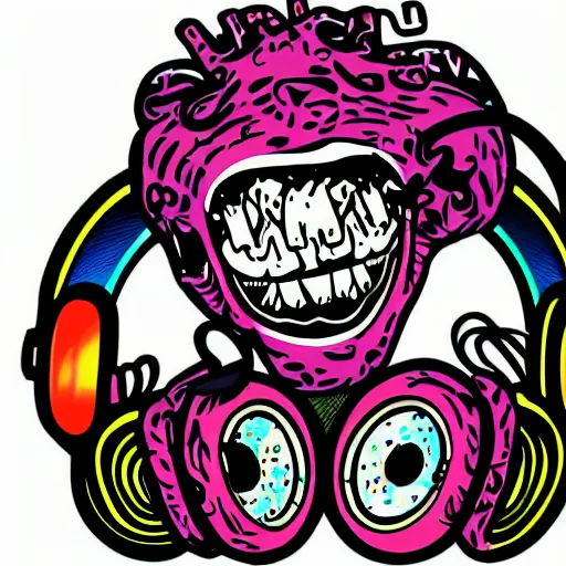 Prompt: artgerm, psychedelic laughing friendly monster, rocking out, headphones dj rave, digital artwork, r. crumb, svg vector