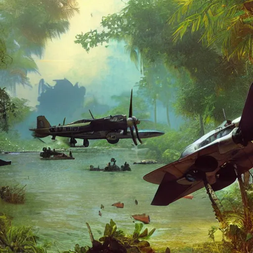 Prompt: jungle river with a crashed f - 8 6 fighter aircraft partially submerged boat on the foreground, piotr jablonski, mucha, craig mullins repin, sargent, 4 k, detailed, artstation