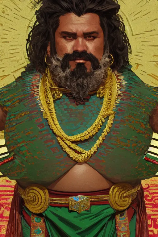 Prompt: full figure portrait of a beautiful aztec fat strong man, snake cape, squared beard, rich cerimonial mantle, d & d character, aztec decorated throne background, by greg rutkowski and alphonse mucha, d & d character, gradient green to gold, highly detailed portrait, digital painting, concept art, smooth, sharp focus illustration, artstation hq