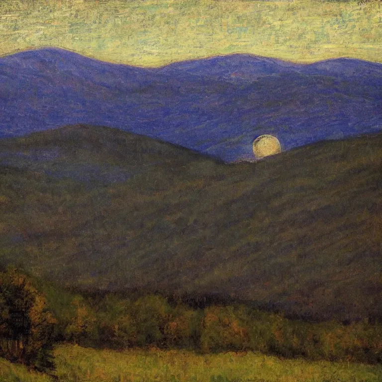 Image similar to vermont mountains, supermoon, abbott handerson thayer painting, blue palette