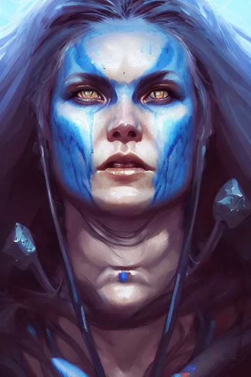 Prompt: portrait of a celtic feral berserker woman with blue warpaint, medium shot, portrait, concept art, natural lighting, illustration, full color, highly detailed, photorealistic, by greg rutkowski and artgerm, artstation,