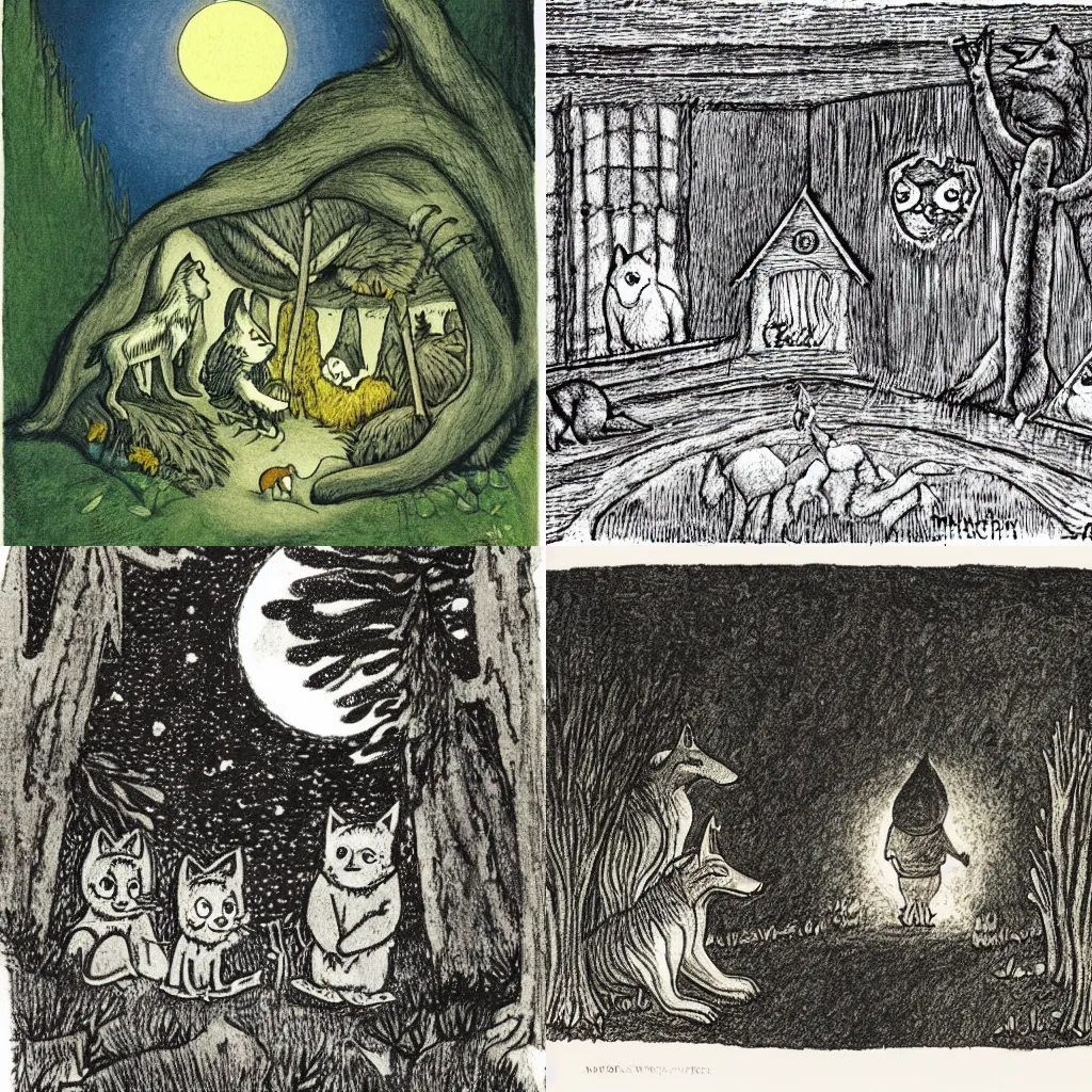 Prompt: a wolf den at night, children\'s illustration by maurice sendak