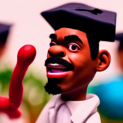 Image similar to a cinematic film still of a claymation stop motion film starring chance the rapper as a college student, shallow depth of field, 8 0 mm, f 1. 8