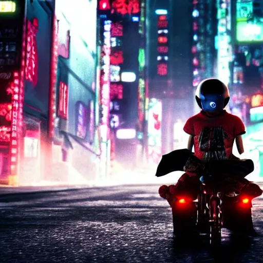 Image similar to spawn riding a tricycle in a neotokyo street, cyberpunk, movie still, 4 k