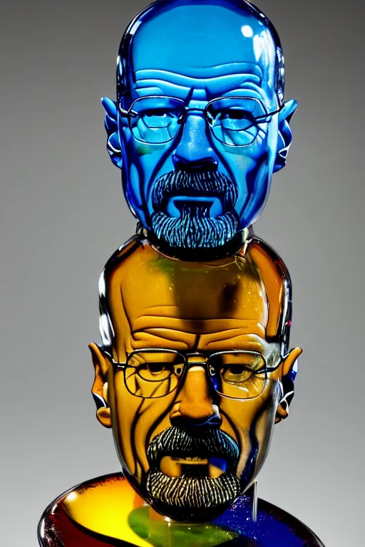 Prompt: still of glass work sculpture of walter white, by harvey littleton, by vera liskova, by lino tagliapietra, by dale chihuly, beautiful composition, 8 5 mm, f. 1 4