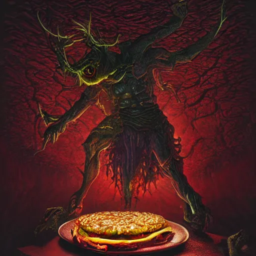 Image similar to photorealistic demonic cheeseburger in the style of michael whelan and gustave dore. hyperdetailed photorealism, 1 0 8 megapixels, amazing depth, glowing rich colors, powerful imagery, psychedelic overtones, 3 d finalrender, 3 d shading, cinematic lighting, artstation concept art