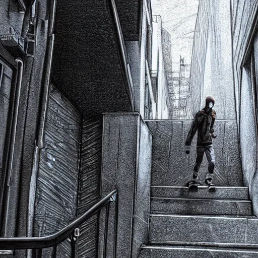 Prompt: cool skater boy in a hoodie riding his skateboard rail grinding down a handrail on a small staircase in a cyberpunk city, wide angle, intricate, elegant, volumetric lighting, scenery, highly detailed, sharp focus, illustration, concept art, cyberpunk, synthwave, dystopian, charcoal drawing