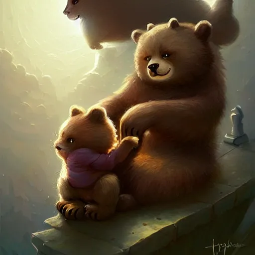 Image similar to bear and cat sitting in couch, cute and adorable, pretty, beautiful, fantasy painting, DeviantArt Artstation, by Jason Felix by Steve Argyle by Tyler Jacobson by Peter Mohrbacher, cosy atmoshpere