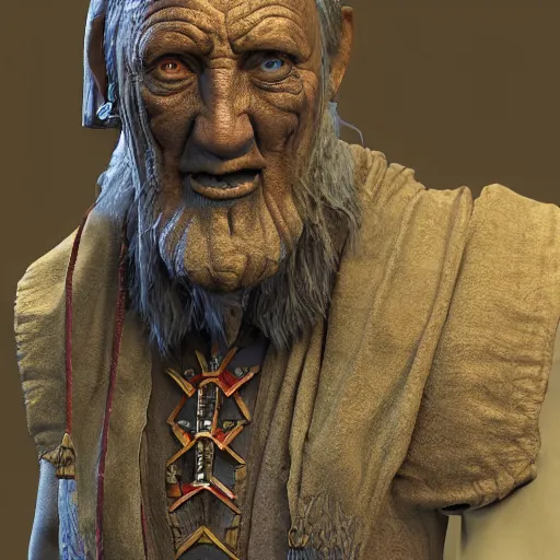 Image similar to An ancient wizard of the Way, zbrush D&D scene, hyper-realism, colorful, high-resolution textures, cloth sim, weta digital, final render