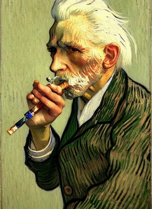 Image similar to portrait of a very old sailor with white hair smoking a pipe, detailed realism face in painting, detailed beautiful portrait, expressionist oil painting masterpiece, 8 k resolution, smooth, sharp focus, pastel color palette, trending on artstation, by van gogh