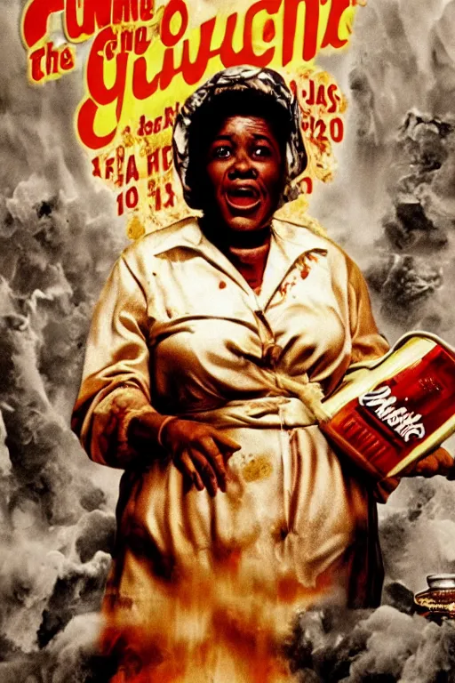 Image similar to aunt jemima covered in maple syrup horror movie cinematic