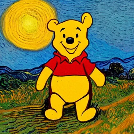 Prompt: winnie the pooh standing on a hill with sunset in background, oil painting, art by vincent van gogh