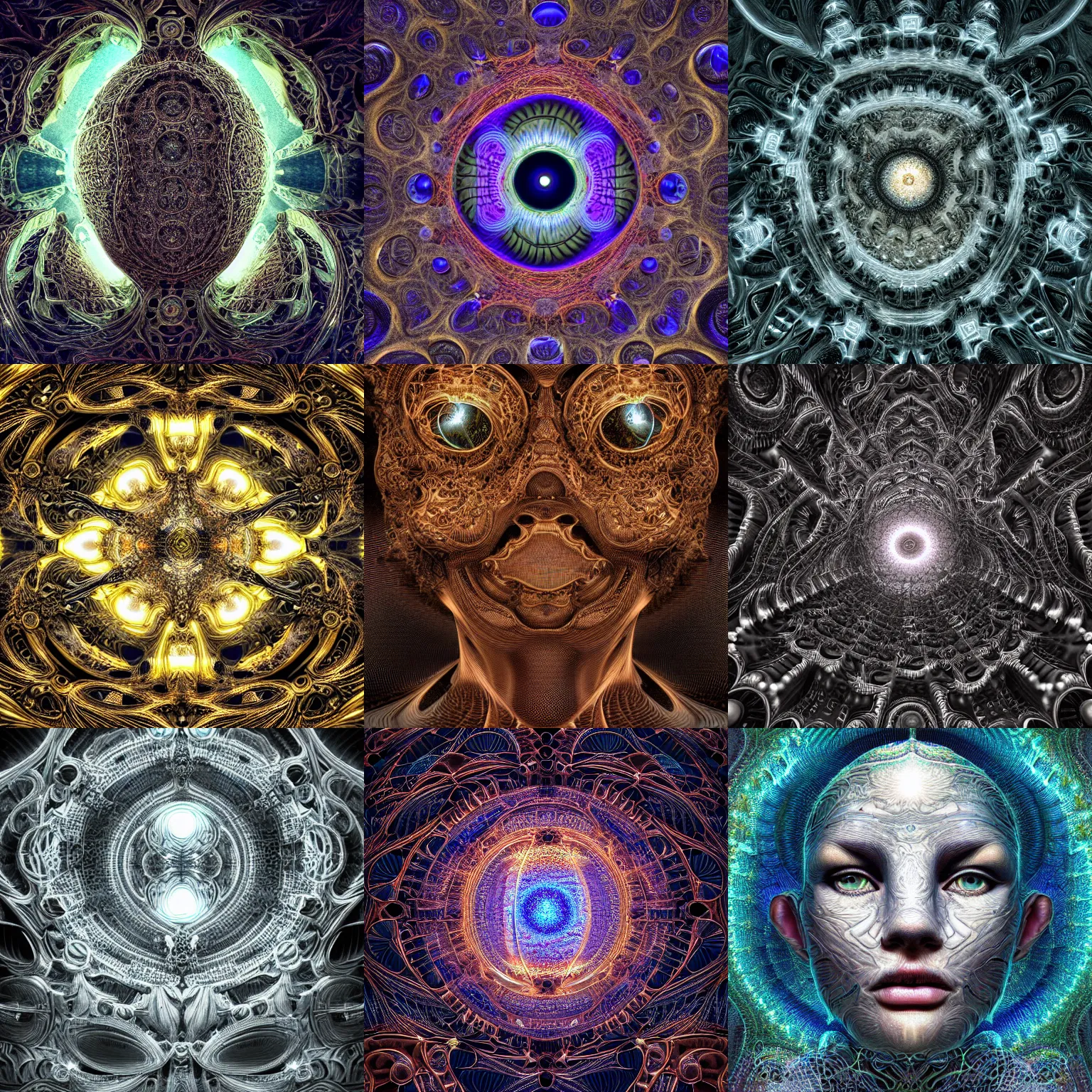 Prompt: millions of human eyes , sculpture, mandelbrot fractal, intricate, elegant, highly detailed, symmetrical, ornate, elegant , luxury, beautifully lit, ray trace, octane render, dramatic light, low angle shot, lens distortion, chromatic aberration, close up, muted colors, in the style of Romero Ressendi, peter Gric and alex grey
