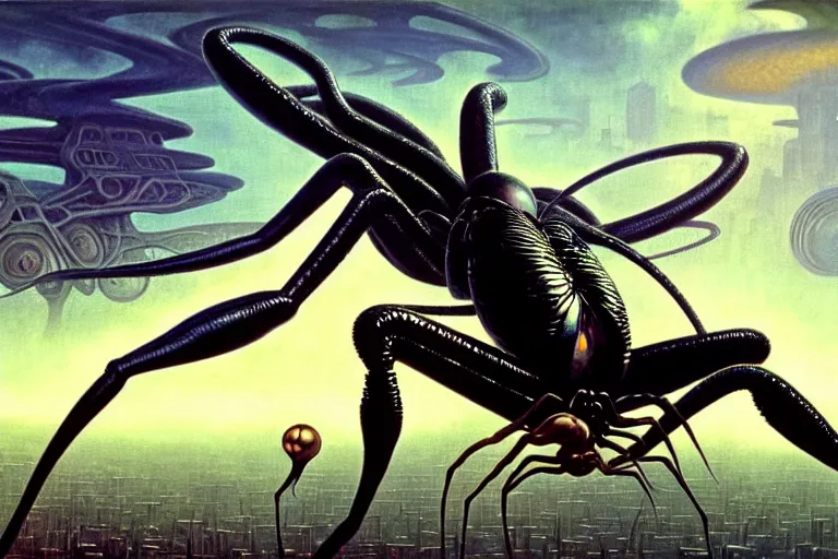 Prompt: realistic detailed portrait movie shot of a beautiful black woman riding a giant spider, dystopian city landscape background by denis villeneuve, amano, yves tanguy, alphonse mucha, max ernst, kehinde wiley, jean delville, david lynch, roger dean, cyber necklace, rich moody colours, sci fi patterns, dramatic, wide angle